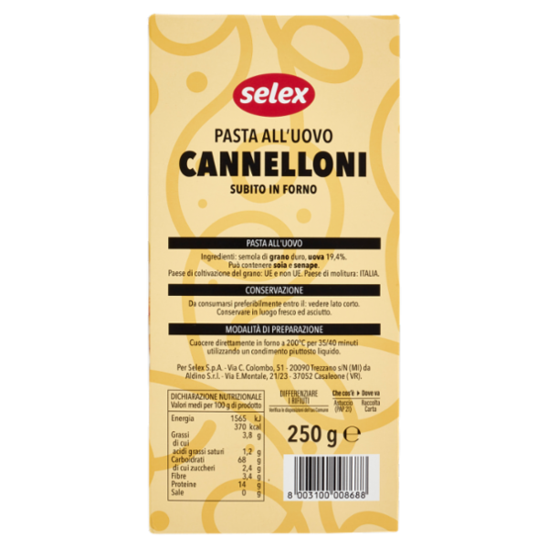 Selex Pasta all'Uovo Cannelloni 250 g