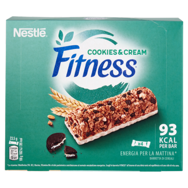 FITNESS Cookies&Cream Barrette Cereali Integrali con Biscotti e Cioccolato Bianco 4 pezzi da 23,5g