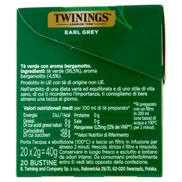 Twinings Earl Grey Tè Verde aromatizzato Bergamotto Antiossidante e Supporto Ossa 20 filtri The 40 g