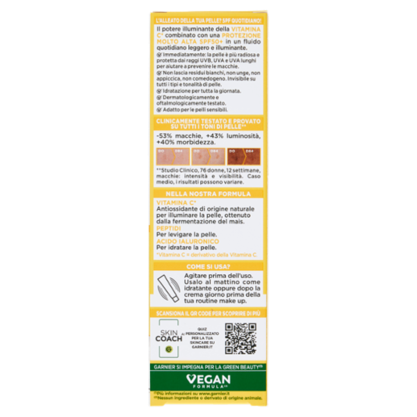 Garnier SkinActive Vitamina C Fluido Anti-UV Anti-Macchie Invisibile SPF 50+, 40 ml