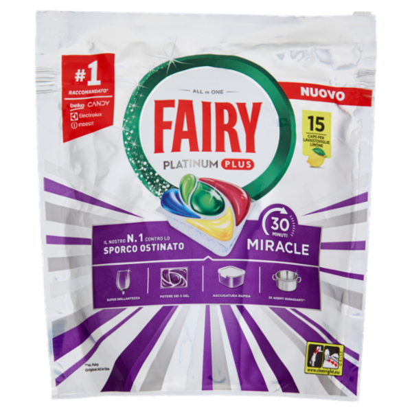 Fairy Pastiglie Lavastoviglie Platinum Plus All in One Miracle, Detersivo Piatti Limone 15 Caps 247g