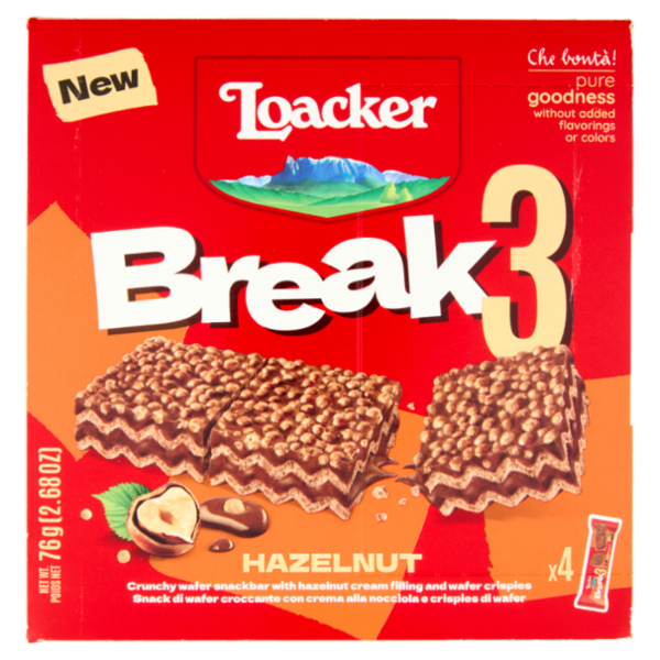 Loacker Break3 Barrette di Wafer con Crema alle Nocciole 100% Italiane 19gx4