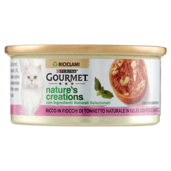 PURINA GOURMET Nature's Creations Ricco in Fiocchi di Tonnetto Naturale in Gelée e Pesce Bianco 70g