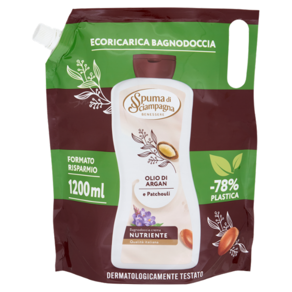 Spuma di Sciampagna Benessere Bagnodoccia crema Nutriente Olio di Argan e Patchouli Ecoric. 1200 ml