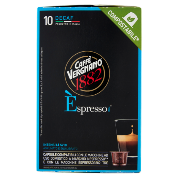 Caffè Vergnano 1882 Èspresso1882 Decaf Compostabile** Capsule Compatibili Nespresso* 10 x 5 g