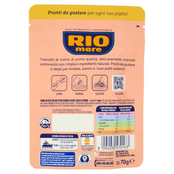 Rio mare Trancetti di Tonno con un filo di Olio Extra Vergine di Oliva e succo di Limone 70 g