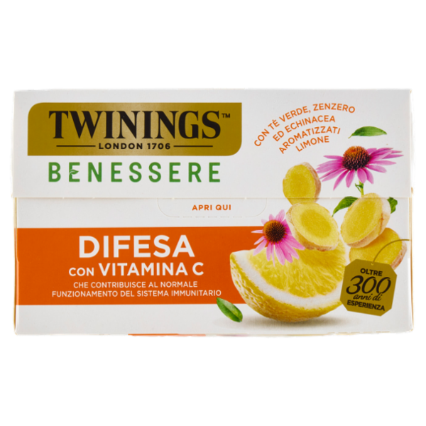 Twinings Benessere Difesa Tisana e Tè Verde, Zenzero aromatizzati Limone Vitamina C 18 filtri 36 g