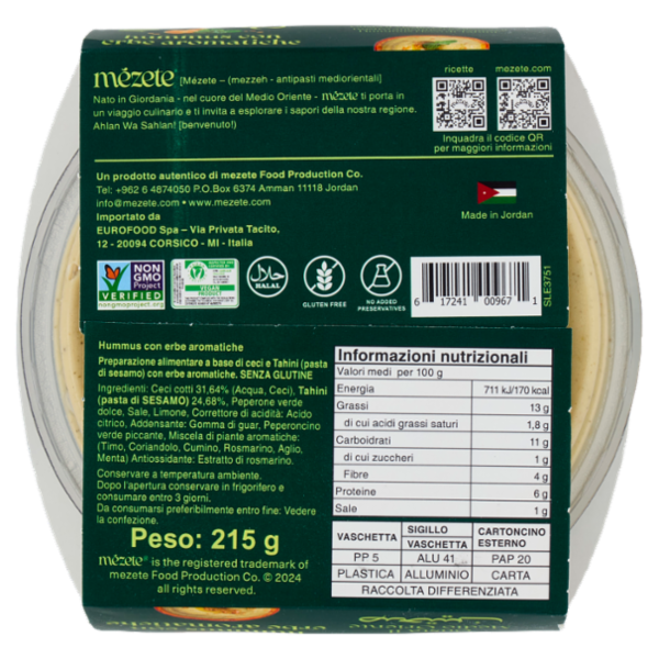 mézete hummus con erbe aromatiche 215 g