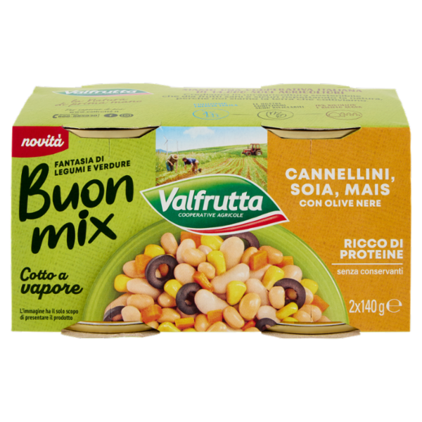 Valfrutta Buon mix Cannellini, Soia, Mais con Olive Nere 2 x 140 g