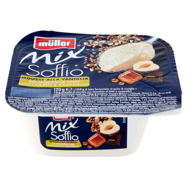 müller Mix Soffio Mousse alla Vaniglia Più Nocciole con Cioccolato e Caramello 120 g