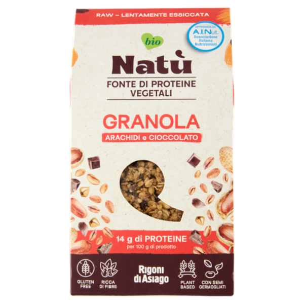 Rigoni di Asiago Natù Fonte di Proteine Vegetali Granola Arachidi e Cioccolato bio 250 g