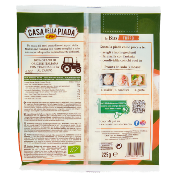 Casa della Piada la Bio Farro Formato Medio M 3 Piadine 225 g