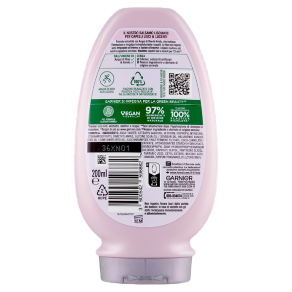 Garnier Ultra Dolce Infuso di Acqua di Riso & Amido, Balsamo Lisciante 200 ml