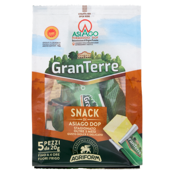 Granterre Snack di Asiago DOP Stagionato Oltre 3 Mesi 5 x 20 g