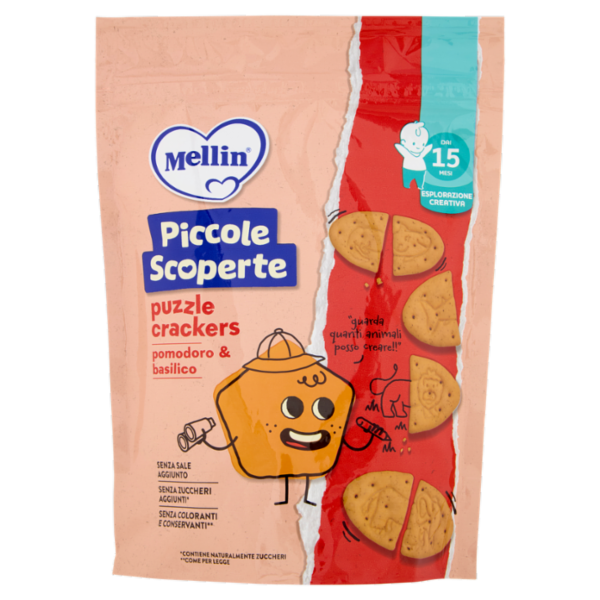 MELLIN Puzzle Crackers, Pomodoro e Basilico, Senza Sale e Zuccheri, adatto dai 15 mesi, 105g