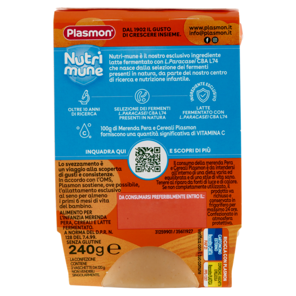 Plasmon la Merenda dei bambini Pera e Cereali 2 x 120 g