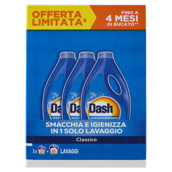 Dash Power Detersivo Liquido Lavatrice, Classico, 3x23 Lavaggi=69 Lavaggi 3x1035 ml
