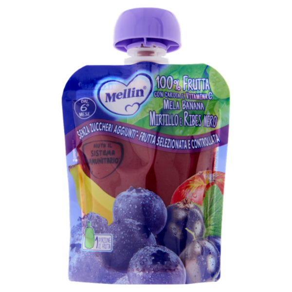 MELLIN Merenda di Frutta 100% con Carota, Mirtillo e Ribes Nero, dal 6° mese, Pouch 90 g