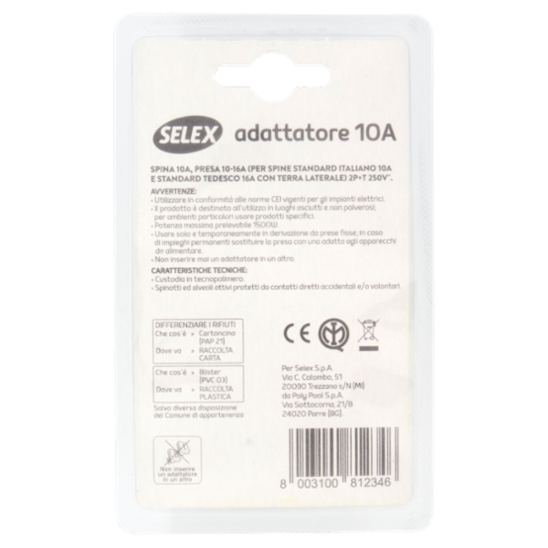 Selex Adattatore Semplice Spina 10A + 1 Presa 10-16A(Ted) Nero