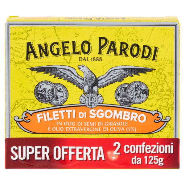 Angelo Parodi Filetti di Sgombro in Olio di Semi di Girasole e Olio Extravergine di Oliva 2 x 125 g