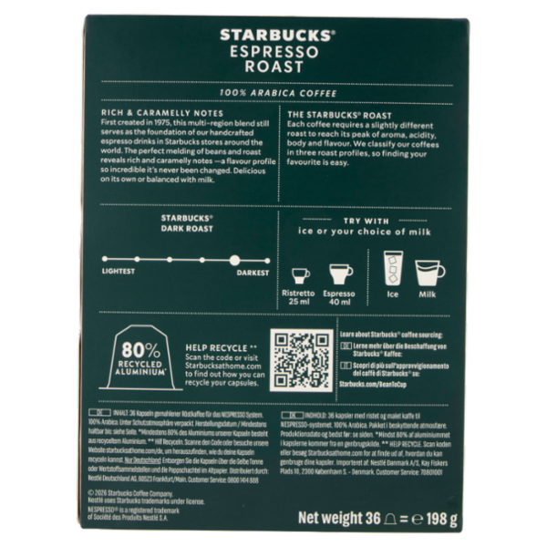 STARBUCKS Espresso Roast by Nespresso Caffè 36 Capsule 198g