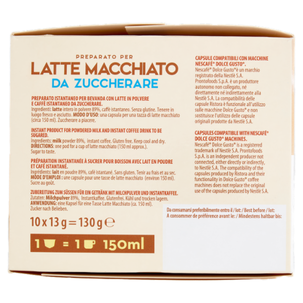 ristora Latte Macchiato da Zuccherare Capsule Compatibili con macchine Nescafè Dolce Gusto 10 x 13 g