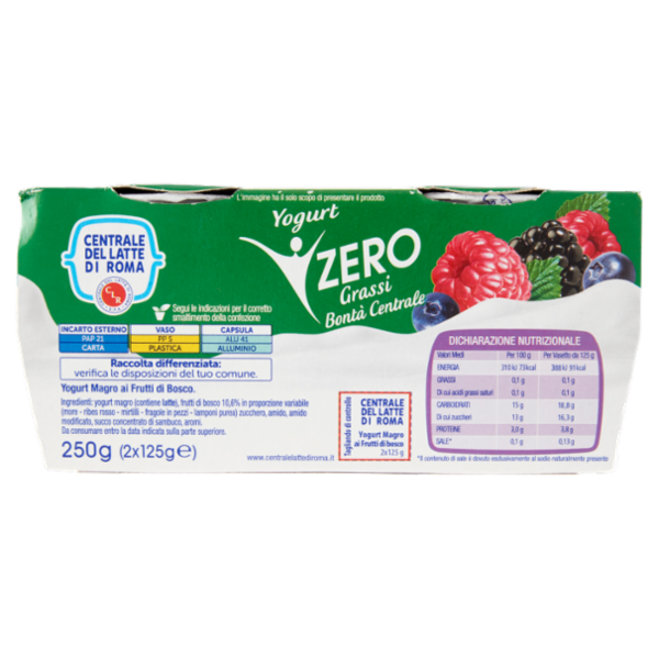 Centrale del Latte di Roma Zero Grassi Frutti di Bosco Yogurt Magro con frutta in pezzi 2 x 125 g