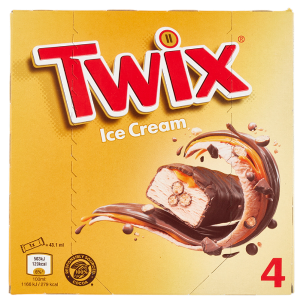 Twix Barretta Gelato con biscotto ricoperto di cioccolato al latte, Multipack da 4 x 34.2 g
