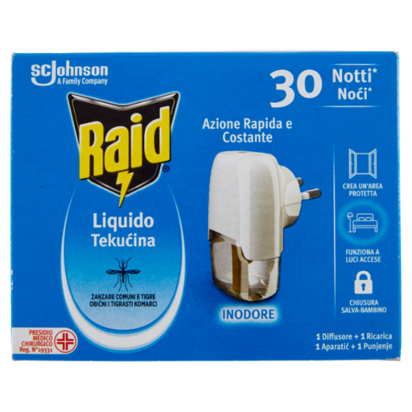 Raid Liquido Elettrico Antizanzare Contro Zanzare, 1 Base e 1 Ricarica 21 ml, 30 Notti