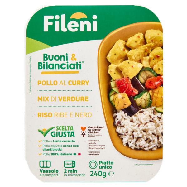 Fileni Buoni & Bilanciati Pollo al Curry, Mix di Verdure, Riso Ribe e Nero 240 g