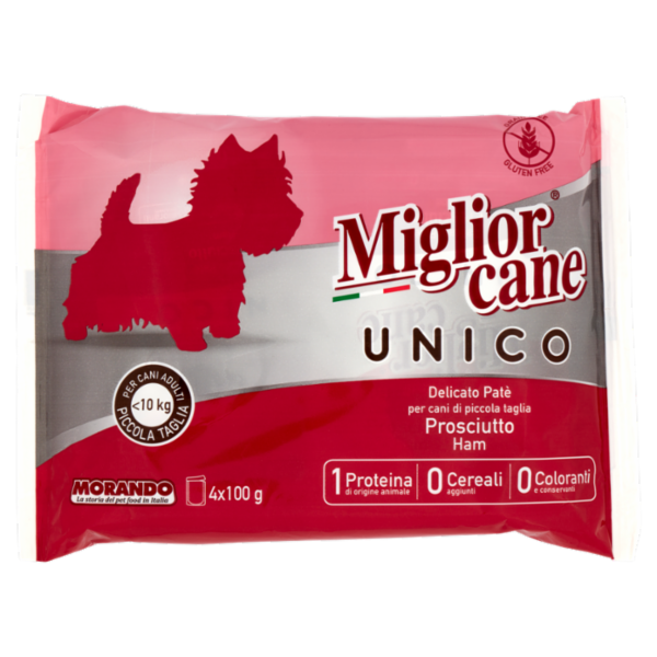 Migliorcane Unico Delicato Patè Prosciutto per Cani Adulti <10 kg Piccola Taglia 4 x 100 g