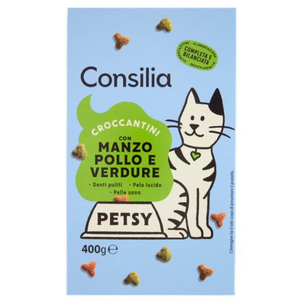 Consilia Petsy Gatto Croccantini con Manzo, Pollo e Verdure 400 g