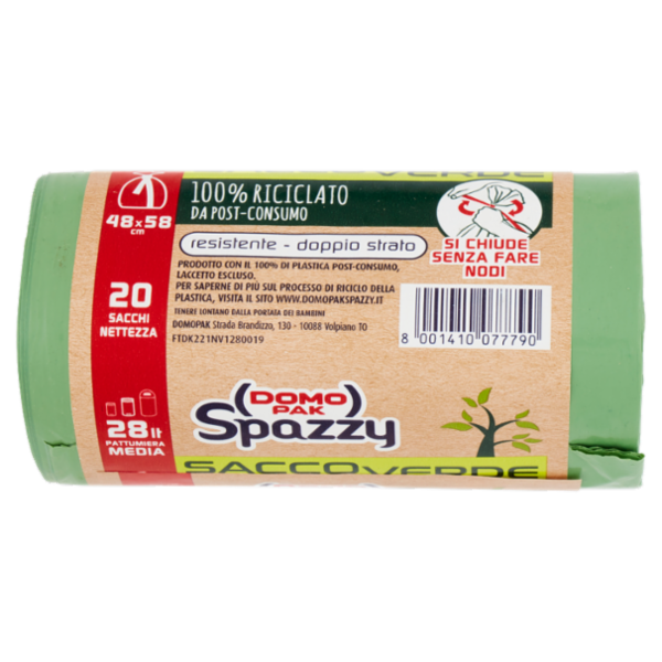 Domopak Spazzy Sacco Verde 100% Riciclato da Post-Consumo 28 lt 48x58 cm 20 pz