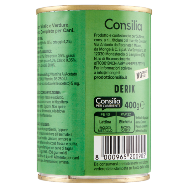 Consilia Derik Paté per Cane con Vitello e Verdure 400 g