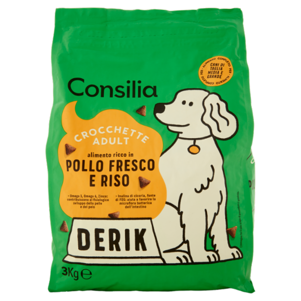 Consilia Derik Cane Adulto di Taglia Medio/Grande Crocchette con Pollo Fresco e Riso 3 kg