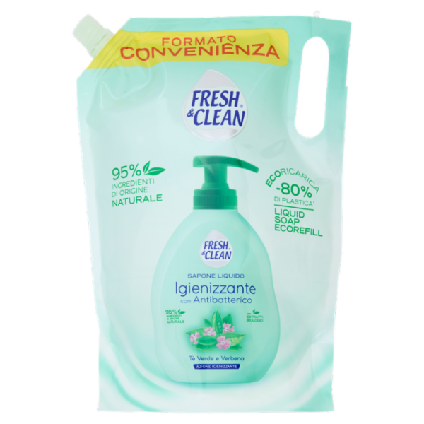 Fresh & Clean Sapone Liquido Igienizzante con Antibatterico Tè Verde e Verbena Ecoricarica 1000 ml