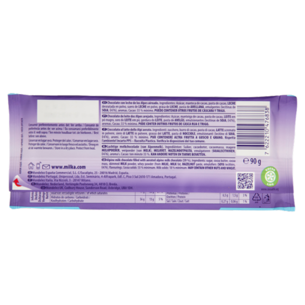 Milka Bubbly, tavoletta di cioccolato al latte 100% alpino - 90g