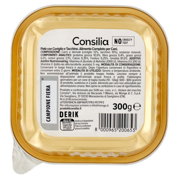 Consilia Derik Paté per Cane con Coniglio e Tacchino 300 g