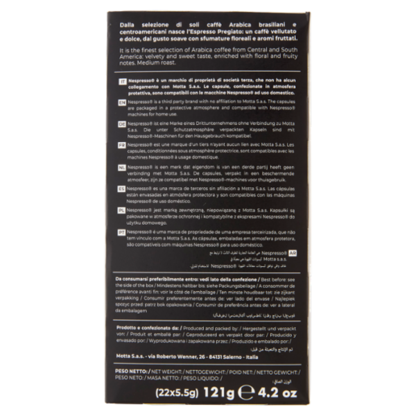 caffè motta Espresso Pregiato Capsule in Alluminio Compatibili con Macchine Nespresso 22 x 5,5 g
