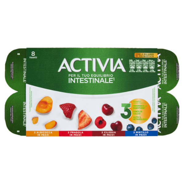 ACTIVIA Yogurt con Probiotico Bifidus, mix di gusti Mirtillo/Fragola/Ciliegia/Albicocca, 8x125g