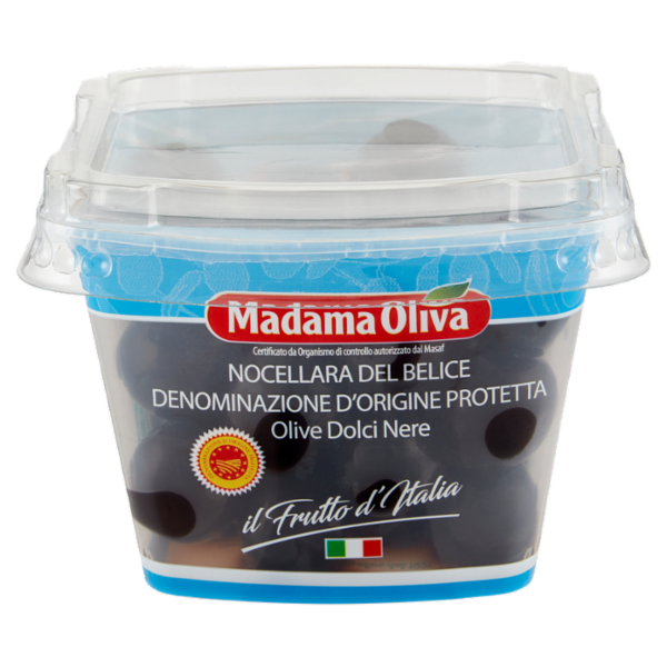 Madama Oliva Frutto d'Italia Nocellara del Belice DOP Olive Dolci Nere 250 g
