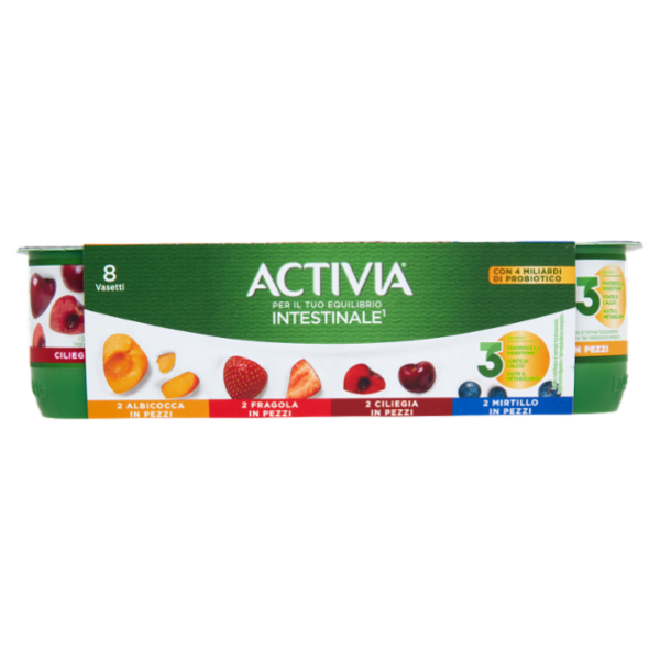 ACTIVIA Yogurt con Probiotico Bifidus, mix di gusti Mirtillo/Fragola/Ciliegia/Albicocca, 8x125g