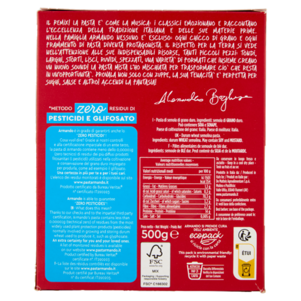 Armando *Metodo zero Residui di Pesticidi e Glifosato la Pasta Mista 500 g