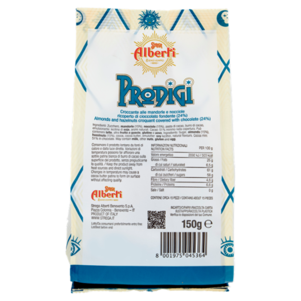 Strega Alberti Prodigi Croccante alle Mandorle e Nocciole Ricoperto di Cioccolato Fondente 150 g