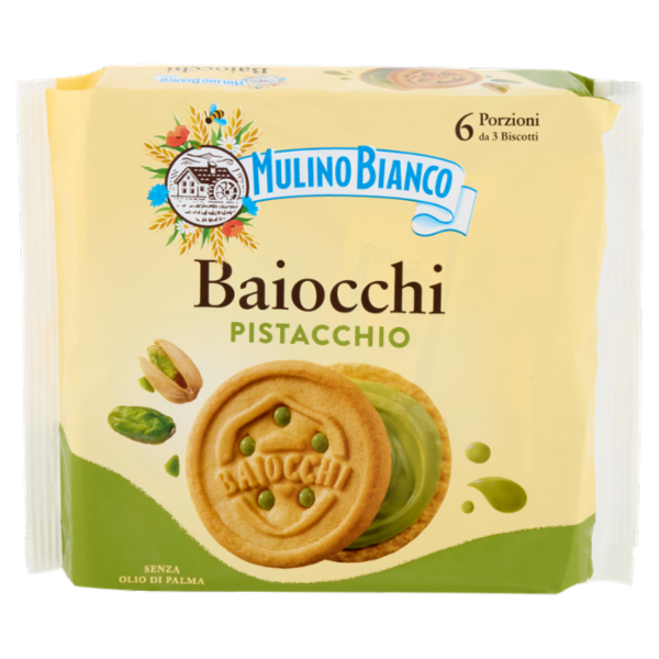 Mulino Bianco Baiocchi Biscotti Snack Farciti con Crema al Pistacchio 168g