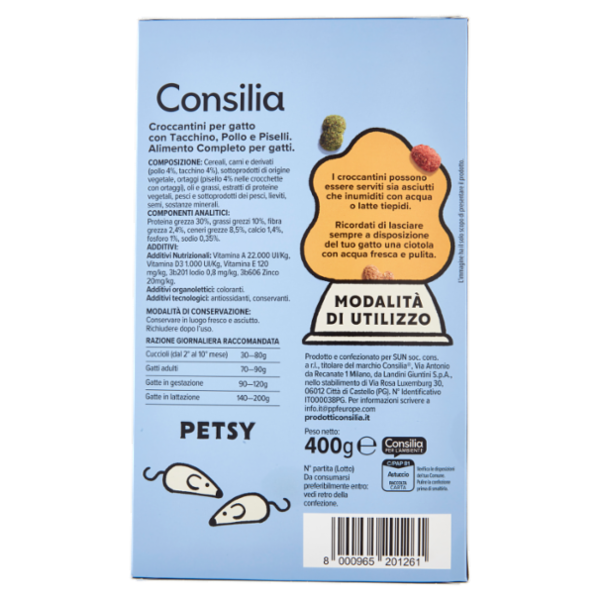 Consilia Petsy Gatto Croccantini con Tacchino, Pollo e Piselli 400 g