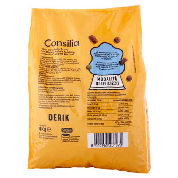 Consilia Derik Cane Multi Crocchette Active con Manzo, Pollo e Tacchino 4 kg