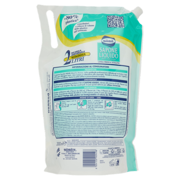 milmil Sapone Liquido Muschio Bianco Ricarica Universale Ecologica 2 Litri