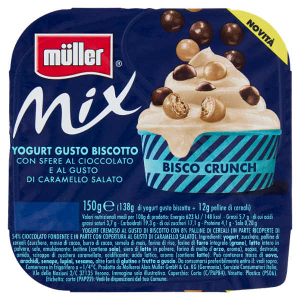 müller Mix Bisco Crunch Yogurt Gusto Biscotto con Sfere al Cioccolato e al Caramello Salato 150 g