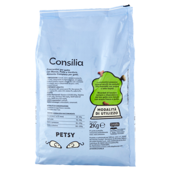 Consilia Petsy Gatto Croccantini con Manzo, Pollo e Verdure 2 kg